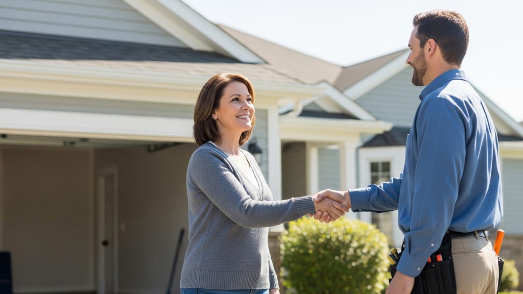 Homeowner shaking hands with technician after receiving the best garage door repair