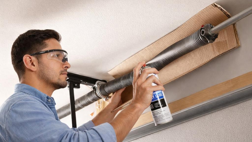 Spraying lubricant on torsion spring as part of garage door safety and maintenance check