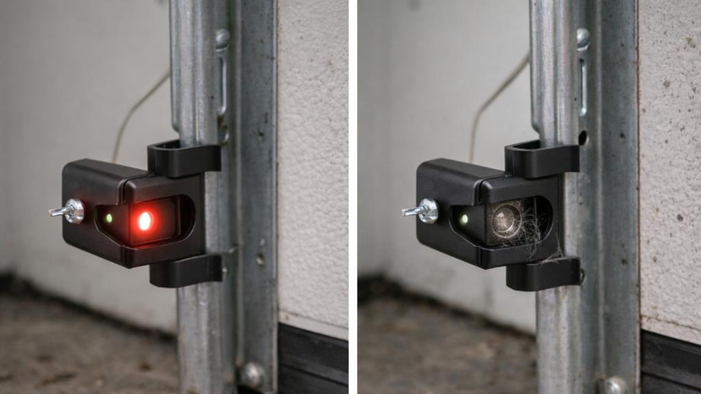 Garage door sensor with red light next to a sensor covered in dust and misaligned