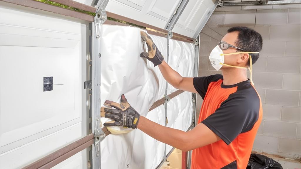 An expert adding insulation during a garage door replacement
