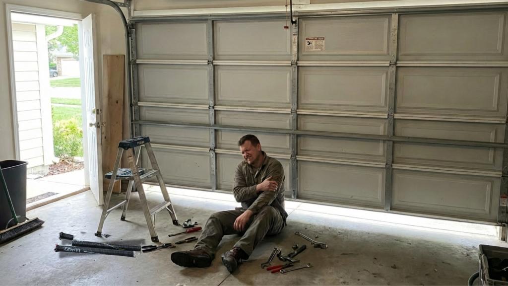 Homeowner hurt during DIY garage door repair with tools scattered on floor