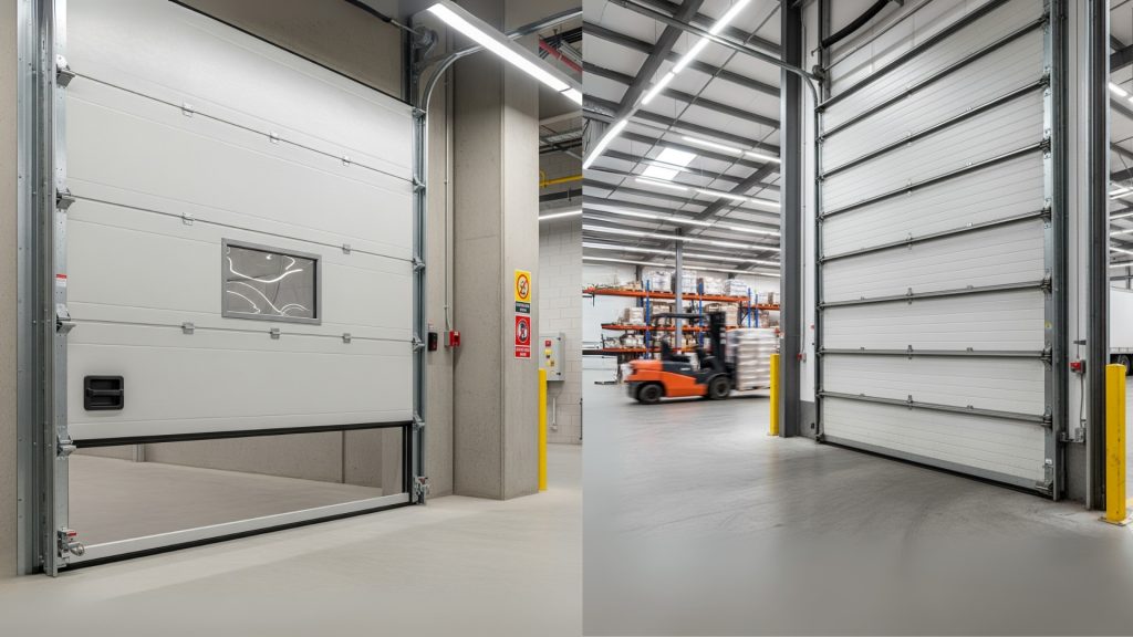 Two sectional overhead doors in a busy warehouse