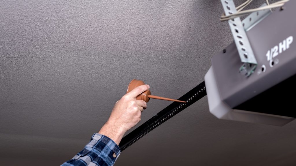 A homeowner applying garage door lubricant on the opener chain