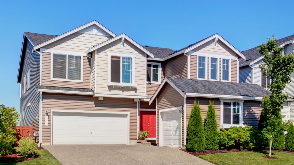 A house with garage doors