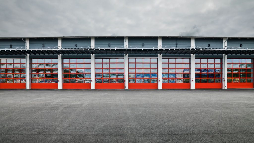 Commercial garage doors with glass panels