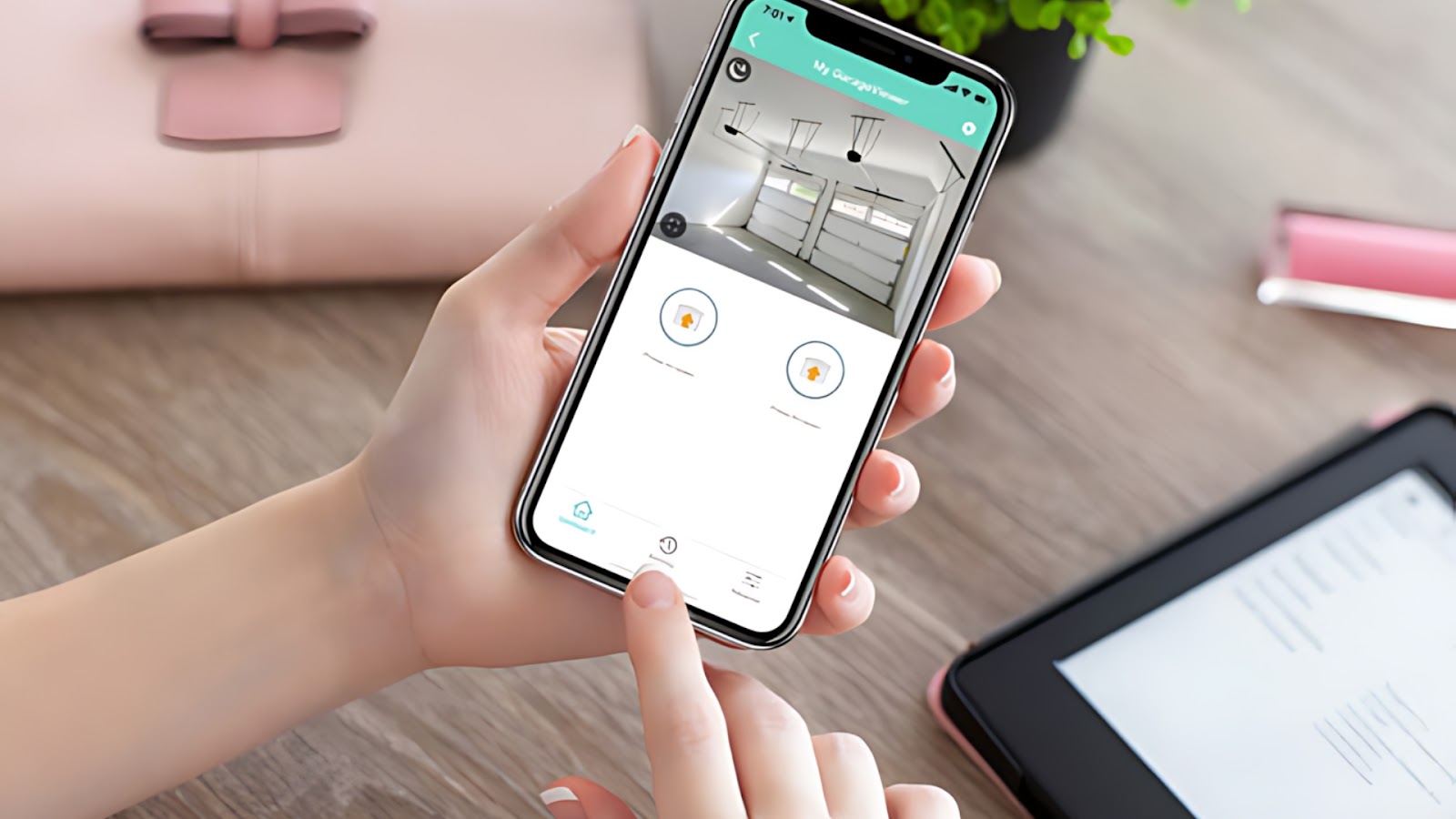A woman holding a phone to check their smart garage door while being away