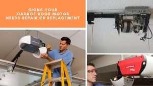 Various repair scenes demonstrate the typical garage door motor service process.