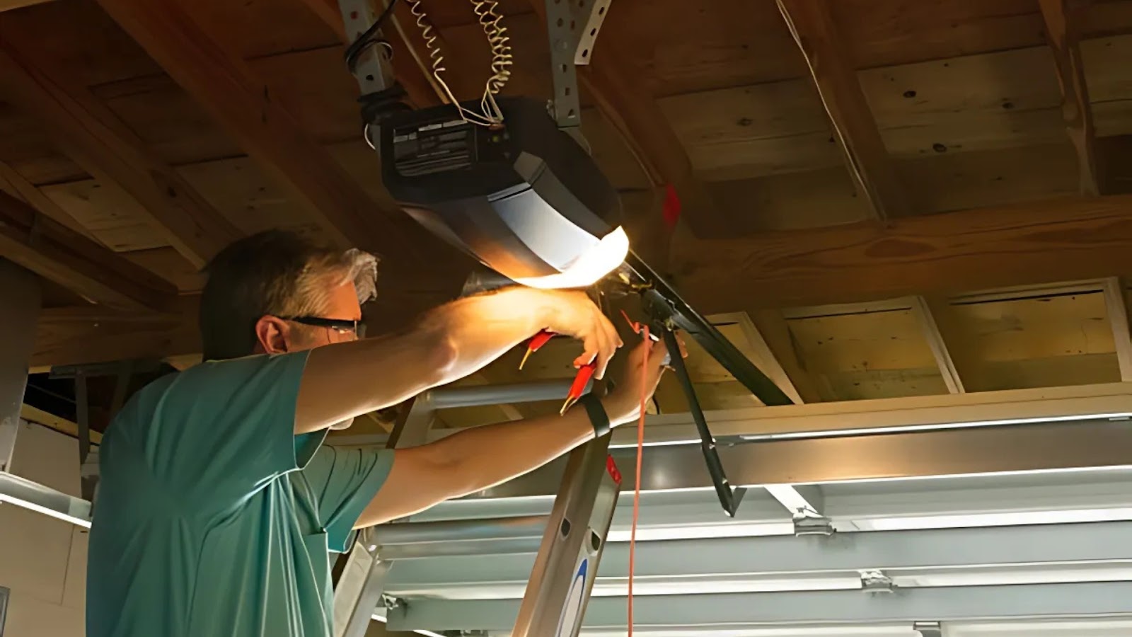 A technician on a ladder working on a garage door motor repair