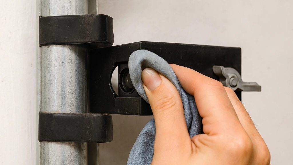 Cleaning the garage door safety sensor to restore proper alignment and function