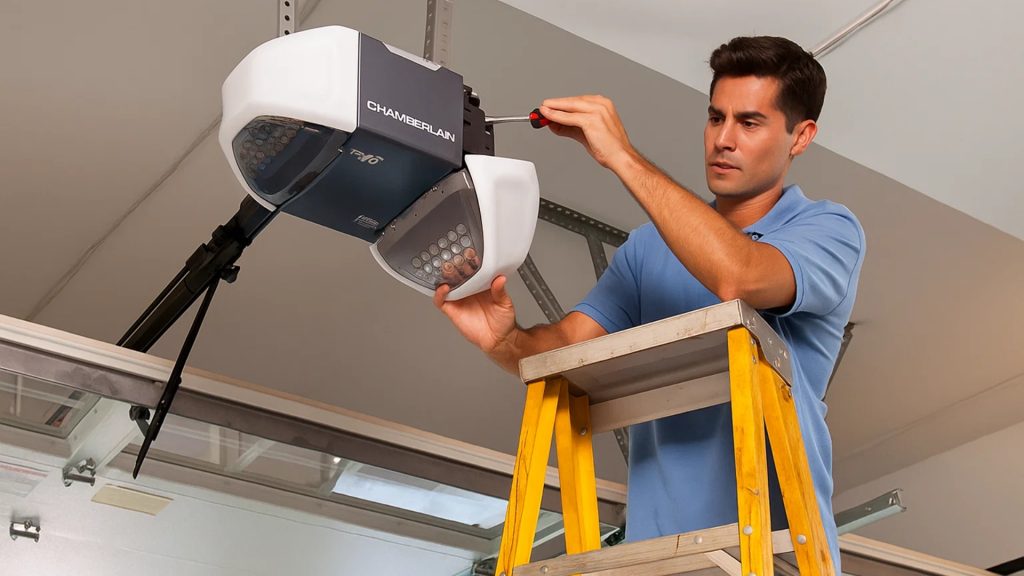 Garage door expert on ladder fixing a Chamberlain opener motor