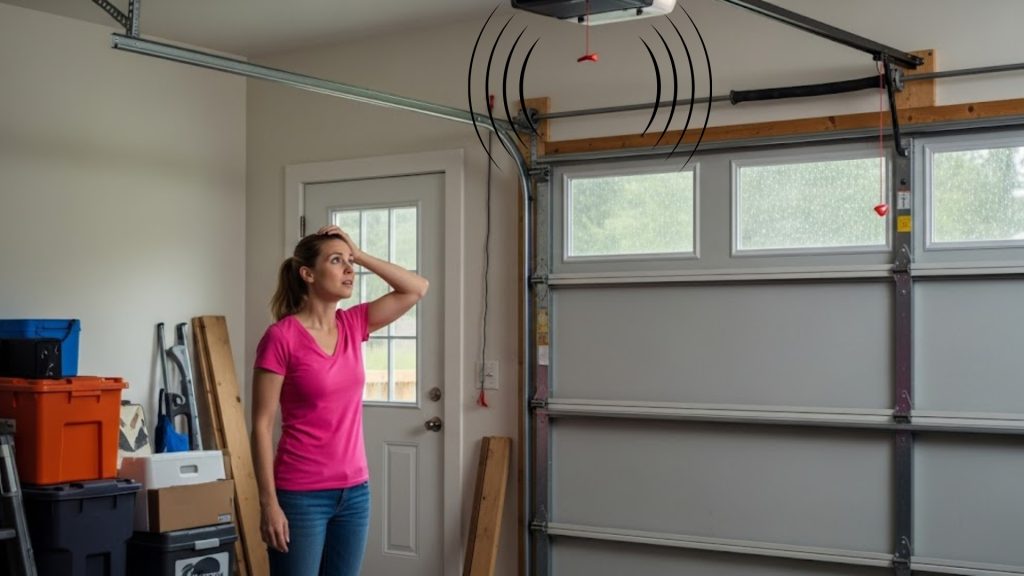 A woman is trying to figure out why the garage opener hums, but the door won’t open.