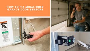 Fixing misaligned garage door sensors — close-up of sensor adjustment and frustrated homeowner calling for help