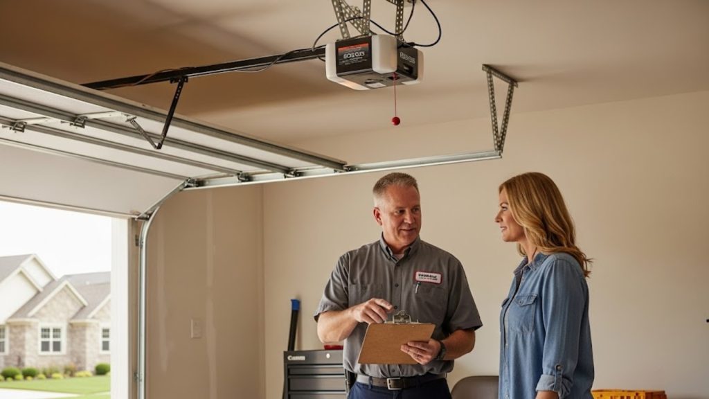 A technician providing garage door repair estimates to an Elkhorn homeowner.
