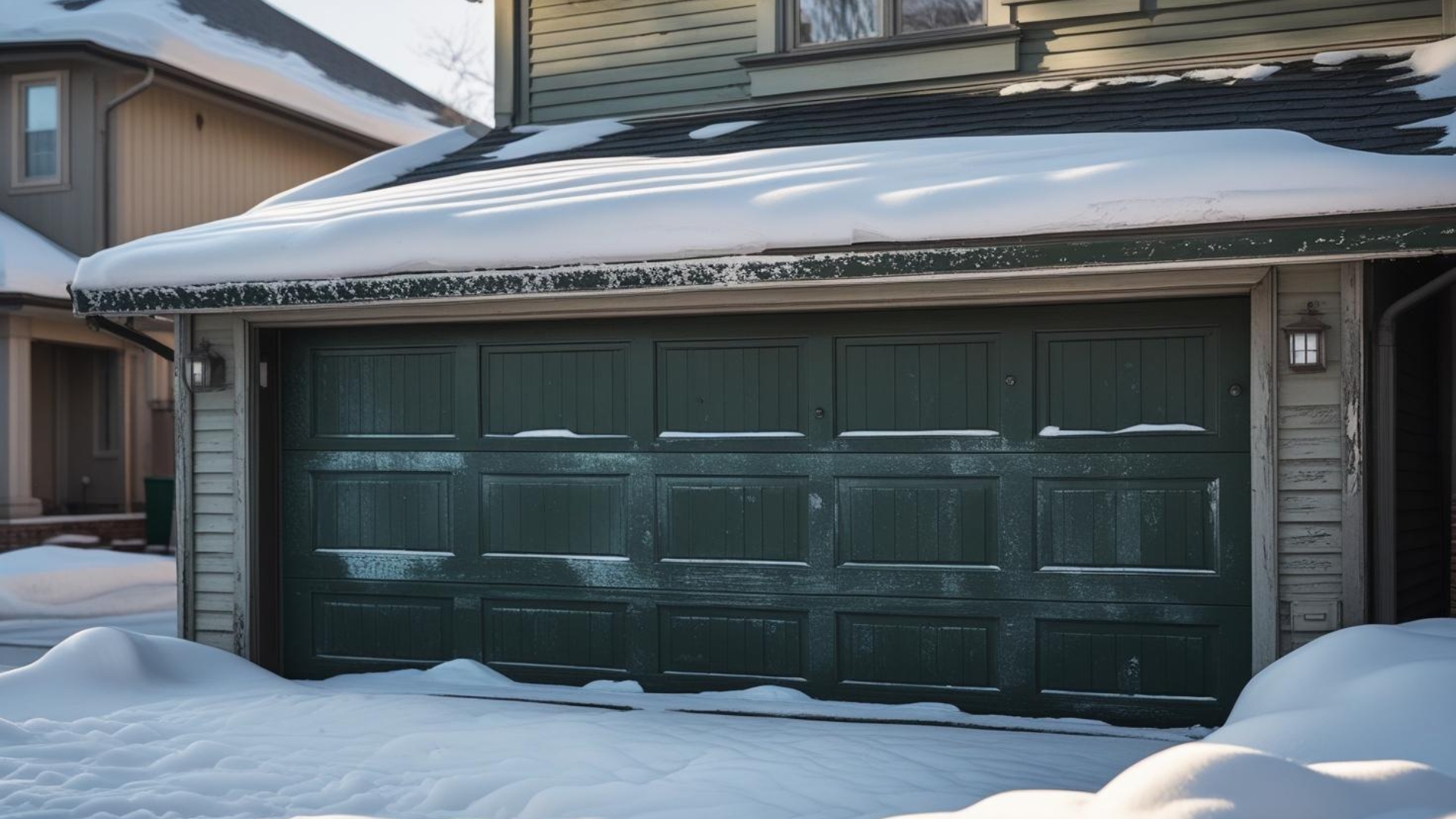 Snow-covered garage door during winter in Nebraska affecting door operation