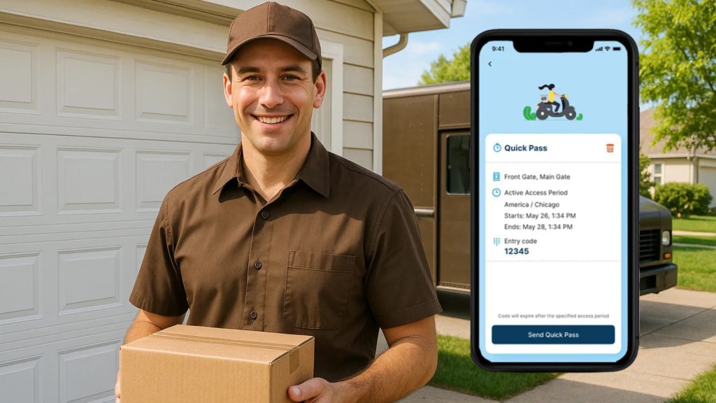 Courier standing by garage using myQ garage door setup access code