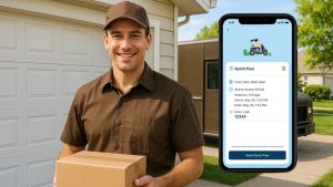 Parcel courier standing by garage with myQ garage door setup access code displayed on phone