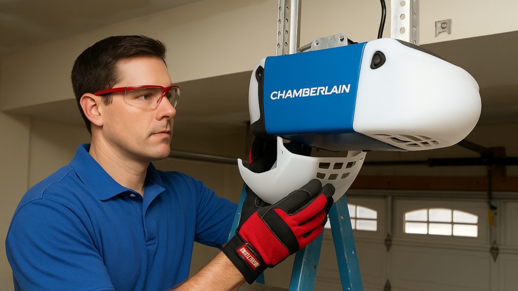 A technician performing a garage door opener repair in Omaha
