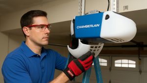 An Omaha technician performing a garage door opener repair