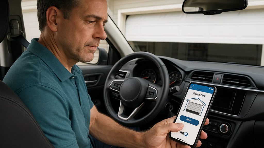 A man using myQ garage door setup app on smartphone from his car