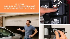 Troubleshooting guide for a reversing garage door problem, showing homeowner, opener reset, and hinge repair.