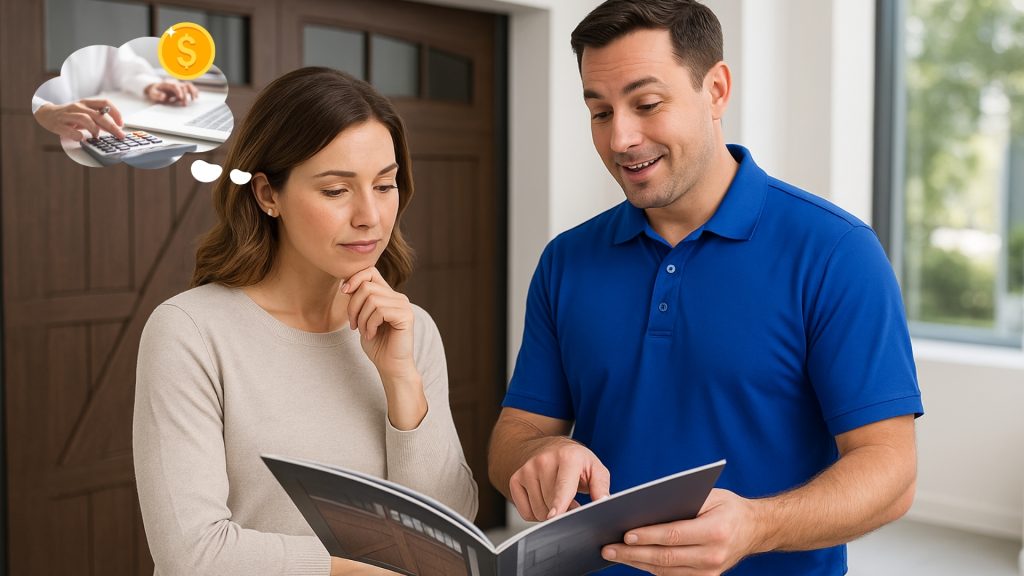 Homeowners reviewing brochure and discussing costs for choosing a garage door brand.