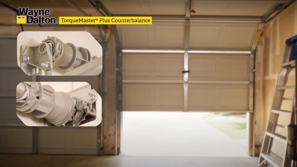 Overhead Door vs Wayne Dalton's TorqueMaster Plus spring system inside a residential garage 