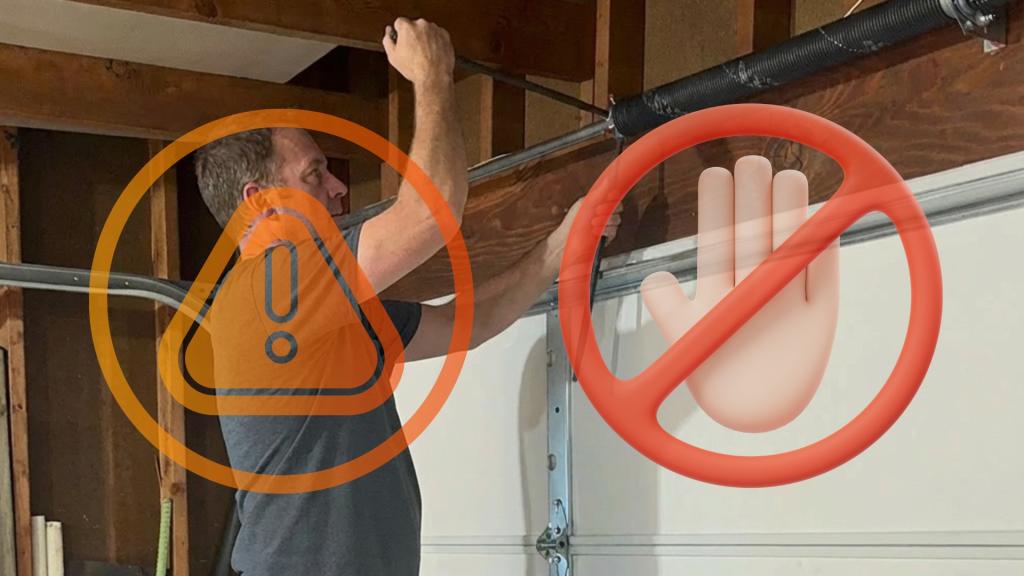 Visual warning of unsafe home garage door repair, showing a man working near a torsion spring
