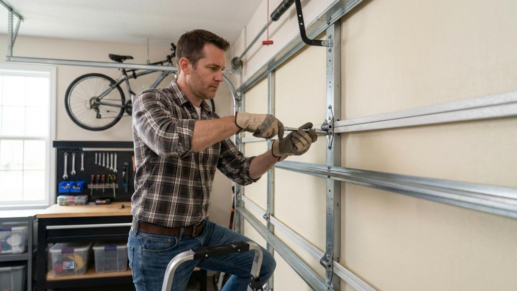 Man using protective gloves during a simple home garage door repair task, showing the importance of safety.