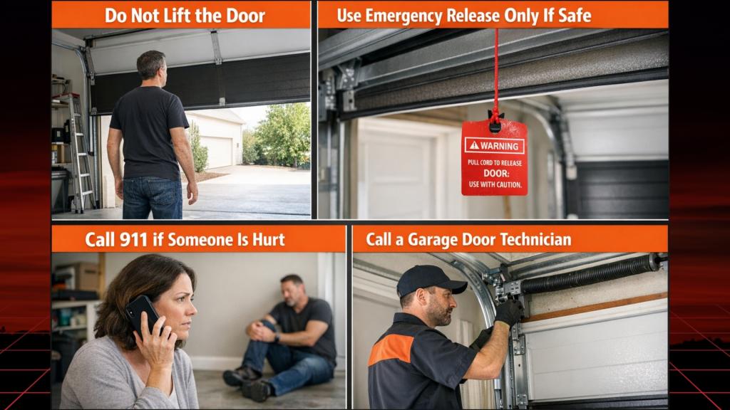Garage door safety tips infographic showing what to do in an emergency