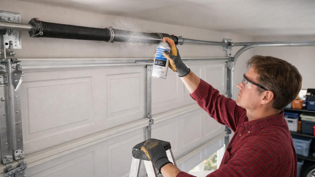An Omaha homeowner lubricating the garage door springs