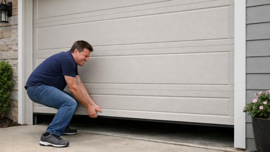 An Omaha homeowner struggling to lift the garage door by hand, a sign to replace garage door spring immediately
