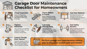 Garage door maintenance Omaha checklist infographic showing inspection, lubrication, and safety tests