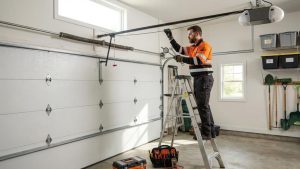 Professional garage door maintenance Omaha technician checking spring tension in a home garage